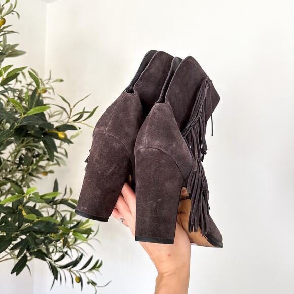 Dolce Vita Ileen Fringe Suede Pull On Pointed-Toe Heeled Boots Brown 10 - Picture 2 of 6